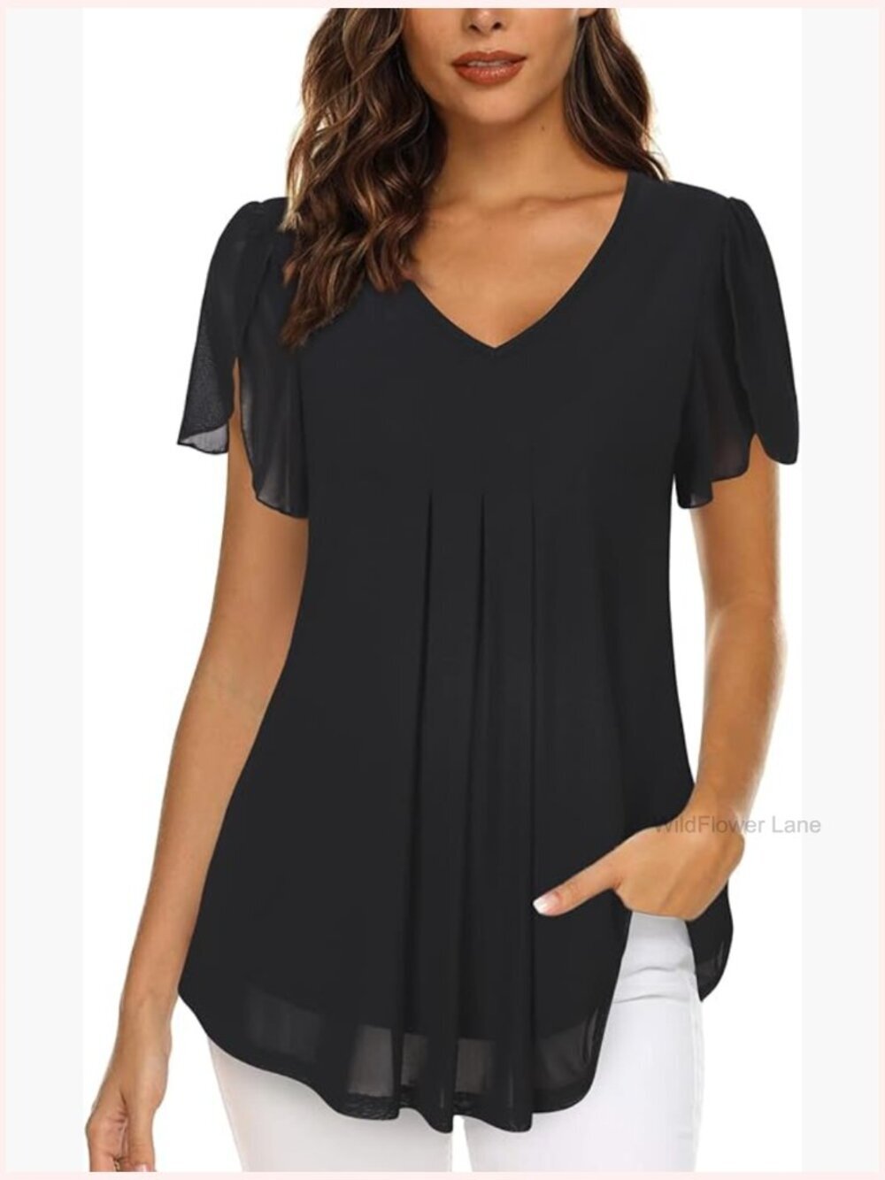 Short Sleeve V-Neck Tunic Blouse Double Layers Mesh Flowy Top